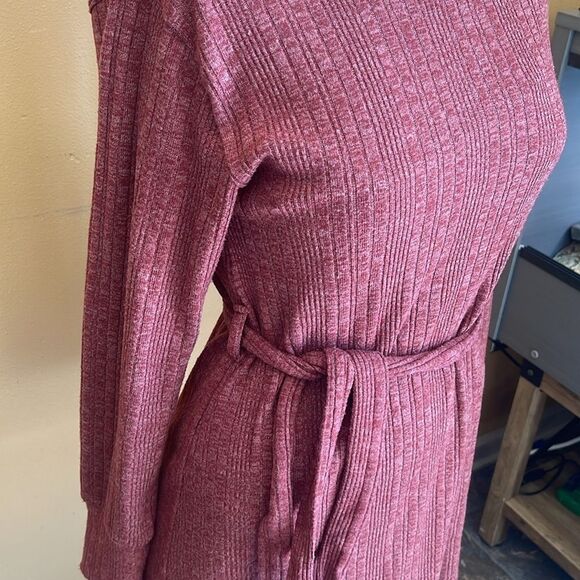 Topshop Burgundy Long Sleeve Short Sweater Dress Size 8 Knit Belted Round Neck - Picture 5 of 10